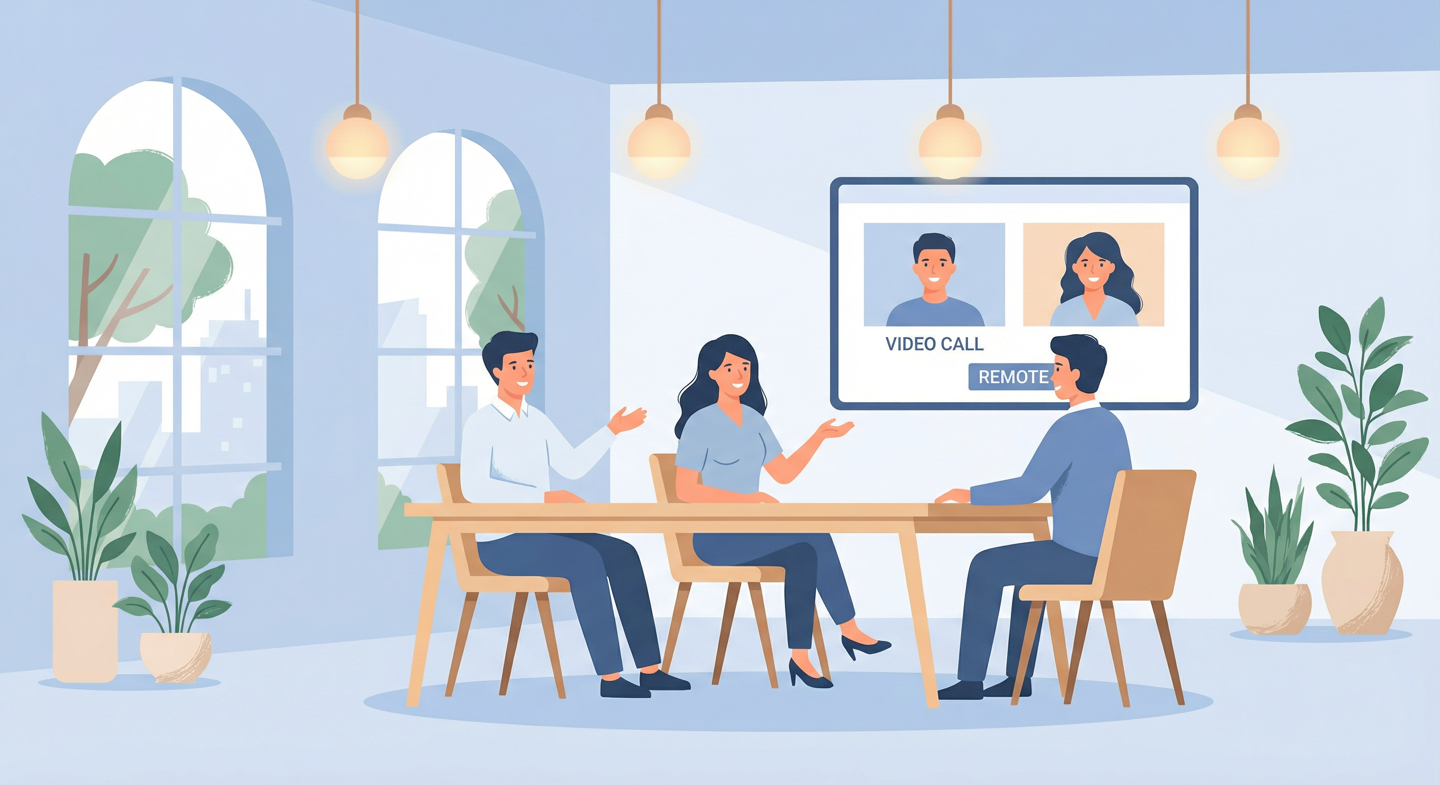 Hybrid team meeting with in-office and remote participants