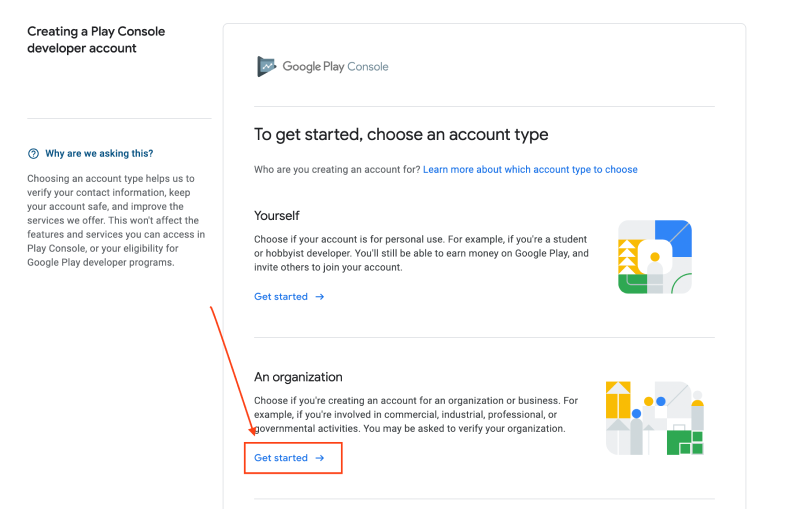 Select organization as your account type